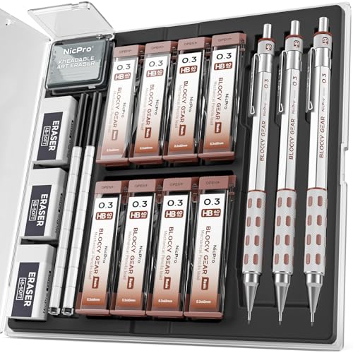 Nicpro 3 Pack Blocky Gear 0.3 mm Metal Mechanical Pencils Set with Case, Lead Drafting Pencil with 8 Tube (480PCS) Lead Refills, 4 Erasers, 18 Eraser Refills for Art Writing, Sketching Drawing