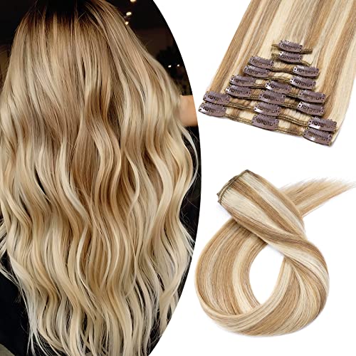 Image of Benehair Clip In Hair Extensions Real Human Seamless Light on Weft 8pcs 16inch Remy Silky Straight Natural Ombre Brown Mixed Bleach Blonde 2.2928 Ounce