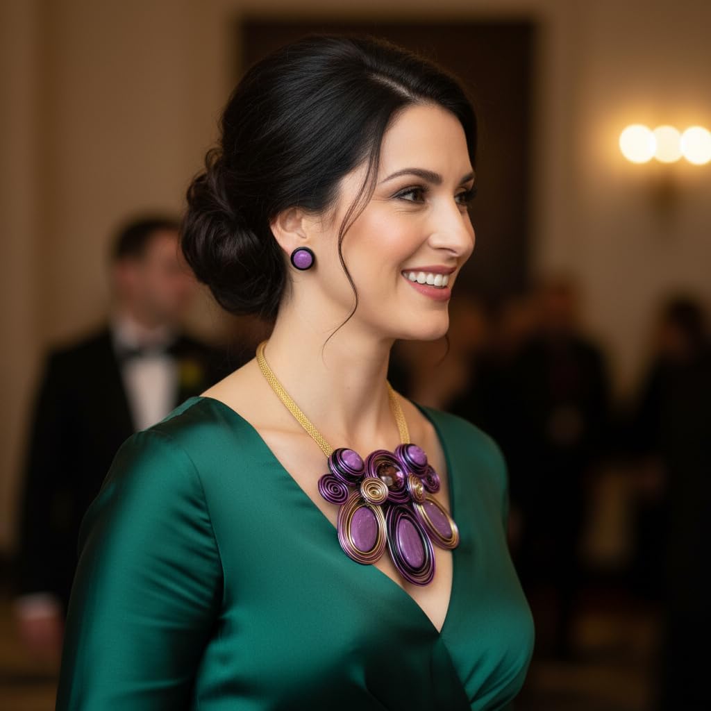 Statement Necklace and Earring Set, Purple Spiral Wire Design with Iridescent Stones,Gold Mesh Chain - Image 9