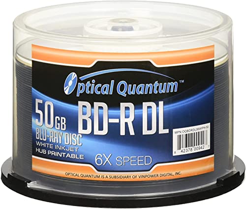 Optical Quantum 6X 50GB BD-R DL White Inkjet Printable Blu-ray Double Layer Recordable Media, 50-Disc Spindle