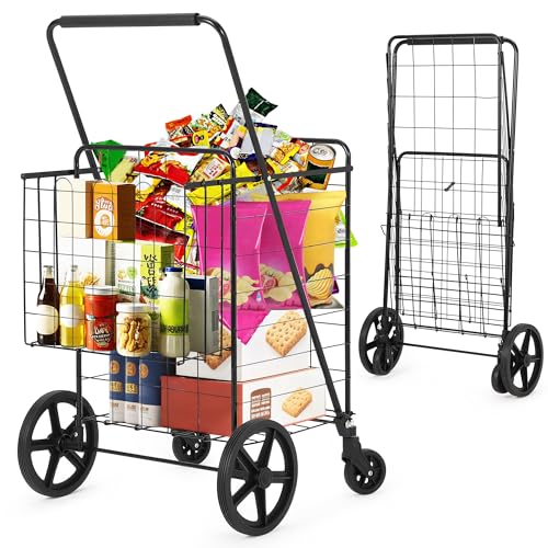 Large Folding Shopping Cart with Wheels, Rolling Foldable Grocery Cart with Double Basket, Portable Collapsible Utility Cart for Laundry, Luggage Camping, Locking Latch