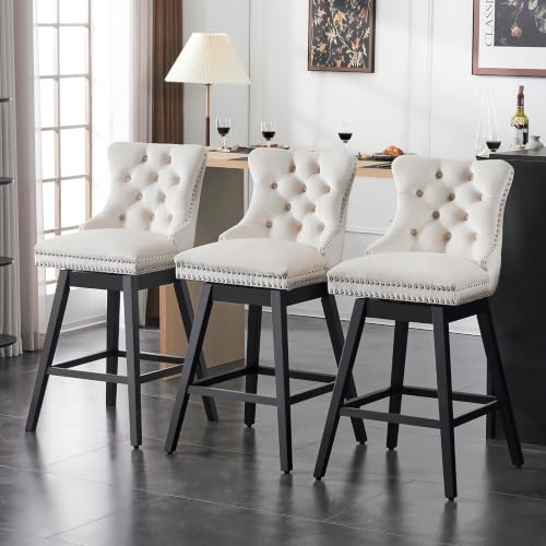 Image of Beige Swivel Bar Stools, Velvet Counter Height Bar Stools Set of 3 | 360 Swivel Bar Chairs, Solid Wood Legs, Upholstered Kitchen Island Stools, Modern Extra Wide Seat (Beige, 30 inch H, 3 Pack)