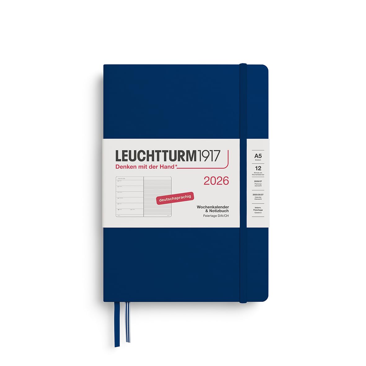 LEUCHTTURM1917 372480 Weekly Calendar & Notebook Medium (A5) 2026, 12 Months, Navy, German