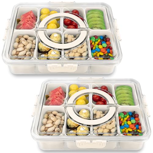 Divided Serving Tray with Lid and Handle,8 Compartments Snacks Box,Snack Fruit Tray,Veggie Tray,Portable Platter for Candy Fruits Nuts Snack Party Entertaining Picnic(2 PCS)
