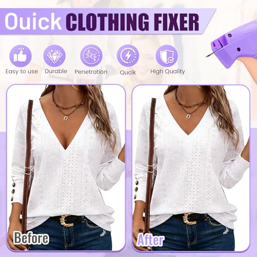 Image of Stitch Gun for Clothes - Handheld Stitch Gun Quick Clothing Fixer - Tagging Gun for Clothing, Sewing Kit-Includes 6 Needle, 1000 Black Fasteners & 1000 White Fasteners (Purple Pink)