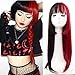 Kaneles Half Black and Half Pink Cosplay Wig Lolita Long Straight Synthetic Heat Resistant Costume Cosplay Bangs Wig for Women Girls (Half Black and Half Red)