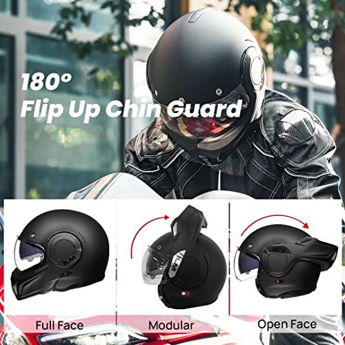 Ilm Vintage Full Face Modular Motorcycle Helmet For Adults Men Atv Utv Snowmobile With 180° Reversible Chin Guard Dot Model-B707(Matte Black, L) #TOP1