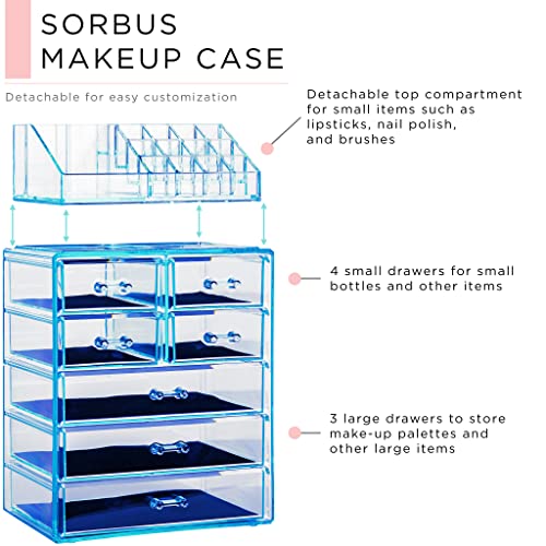 Image of Sorbus Acrylic Makeup Organizer Set, 7-Drawer Vanity & Countertop Cosmetic Storage with Small & Wide Compartments, Blue Brilliance Makeup Storage for Brushes, Jewelry - Holiday Gift for Women & Teens