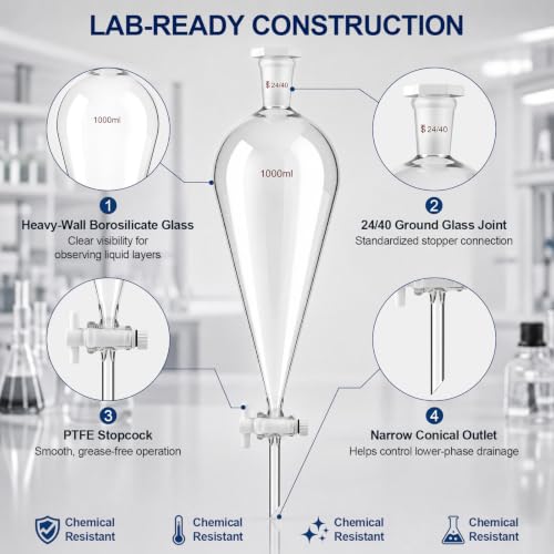 Image of Tellegloww 1000 ml Heavy Wall Conical Separating Funnel Borosilicate Glass | Separatory Funnel, 24 /40 Taper Joint, Ptfe Stopcock, Liquid Extraction, Essential Chemistry Lab Glassware