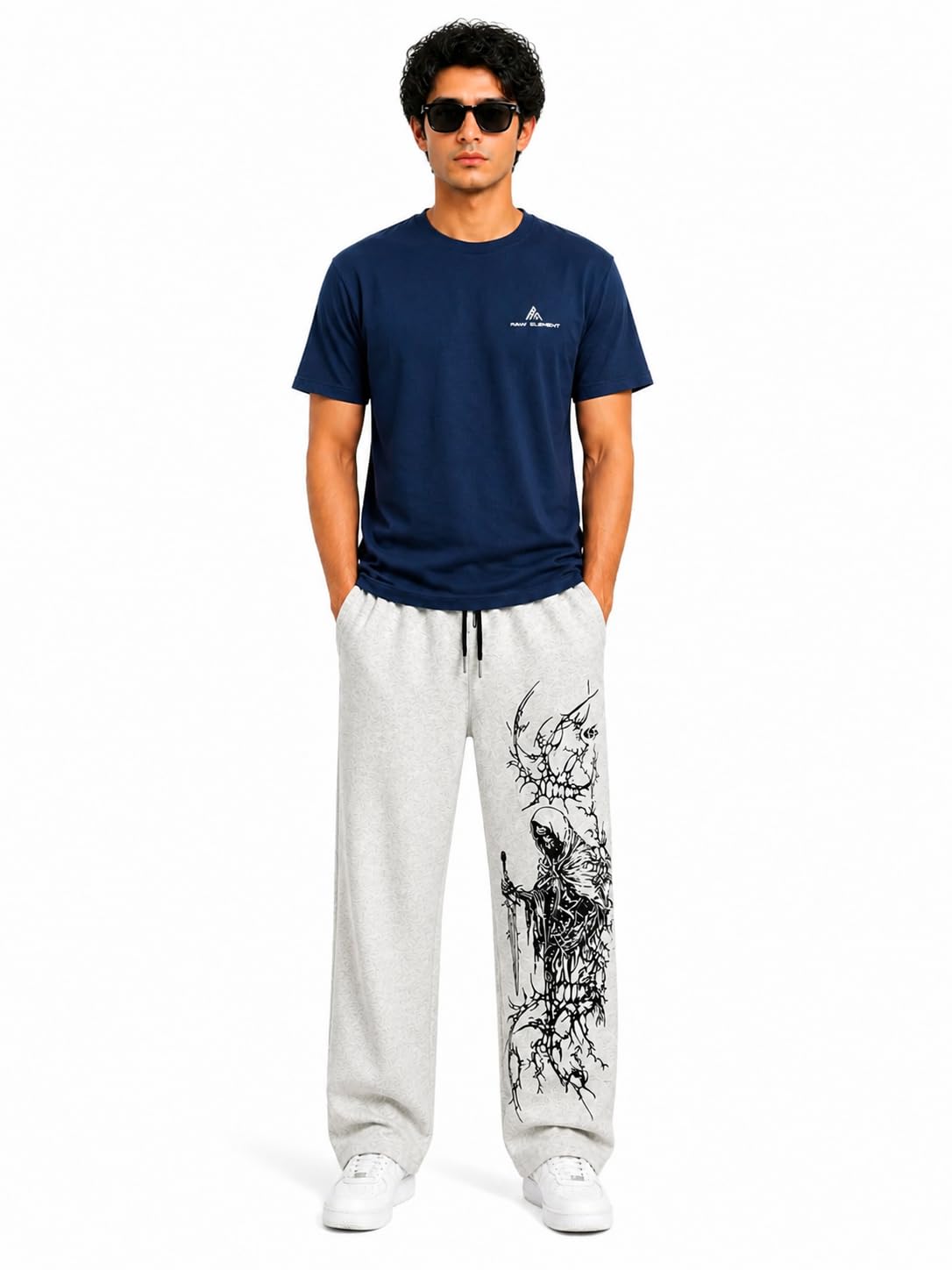 raw element Men’s Dot Knit T-Shirt & Printed Track Pants Combo | Navy Blue Tee + Grey Graphic Lower | Comfortable Casual Wear | Relaxed Fit Streetwear Outfit for Men (IN, Alpha, L, Regular, Navy Blue & Grey)-picture-27