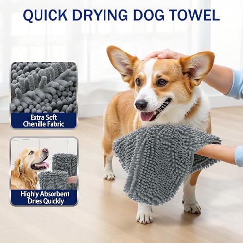 Image of OLANLY Chenille Dog Bath Towel 38x15, Ultra Absorbent Quick Dry Pet Towel, Extra Soft Washable Plush Towel for Large Dogs & Puppies, Indoor Outdoor Use, Grey