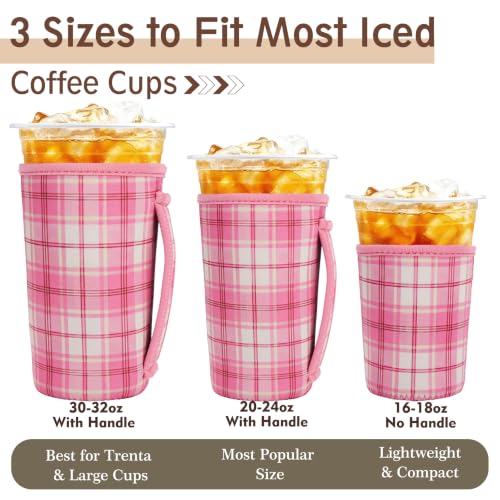 Image of KJQJLY 3 Reusable Iced Coffee Sleeves for Iced Coffee Cups or Drinks Reusable Neoprene Insulated Sleeves for Hot and Cold Drinks from Starbucks, Dunkin, And More (Preppy Pink Plaid)