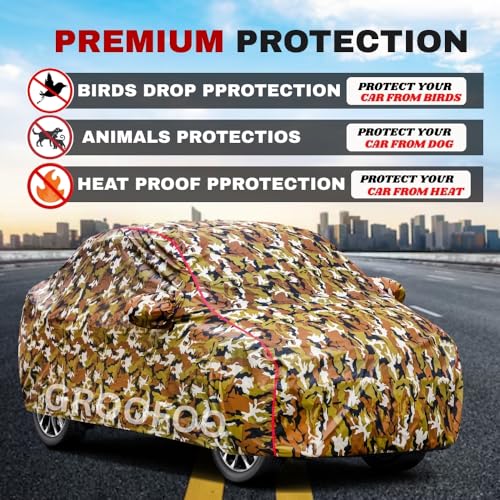 Image of GROOFOO Waterproof Car Body Cover with Mirror Pockets Compatible with Toyota Glanza | Triple Stitch Blue Piping Car Cover UV & Dust Proof All-Weather Protection, Adjustable Buckle (Army and Red)