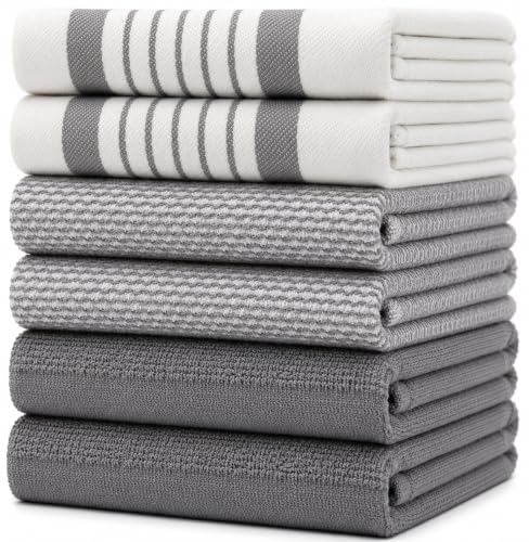 Image of Premium Kitchen Towels (20 inchx 28 inch, 6 Pack) | Large Cotton Dish Towels | Flat & Terry Highly Absorbent Kitchen Linen Set with Hanging Loop | Grey Striped