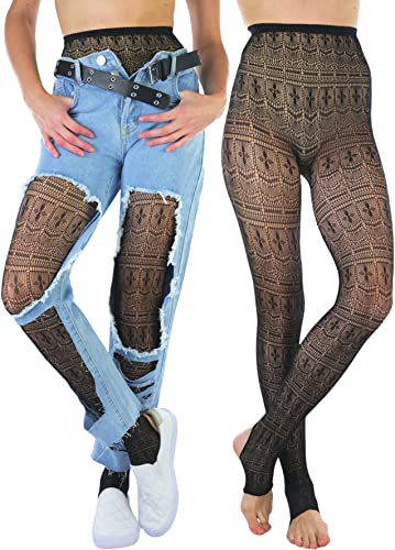 Image of ToBeInStyle Women's Single Floral Lace Fishnet Tights Footless & Stirrup Design