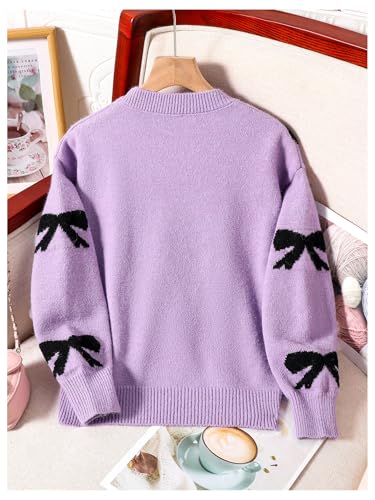 Image of RoseSeek Girl's Bow Graphic Sweaters Crewneck Long Sleeve Knit Pullover Tops Drop Shoulder Knitwear