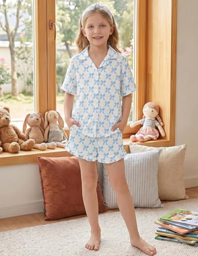 Image of Arshiner Girls Pajamas Silk Satin Pajama Set Button Pjs Ruffle Sleepwear | 2 Piece Nightwear, Silky Soft Lounge for Little & Big Kids, Ideal for Sleeping and Sleepover Party