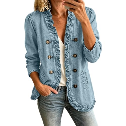 Denim Jacket For Women Ruffled Trim Lapel Open Front Long Sleeve Coats - image 6