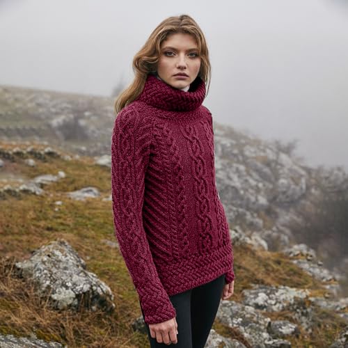 Image of SAOL Aran Irish Sweater for Women - Made of 100% Merino Wool - Ireland Fisherman Cable Knit Ladies Pullover