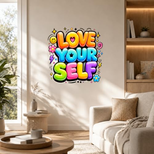 Image of Rangoli Motivational Quote Wall Sticker Self-Adhesive Waterproof Wall Decor for Living Room Bedroom Office Love Yourself Typography Wall Decal