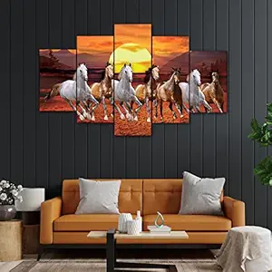 perpetual 3D Wall Painting Set of 5 | Painting For Wall Decoration |Seven Horses Vastu Painting with Frame for Living Room (75 x 43 cm) - Multicolor, Wood