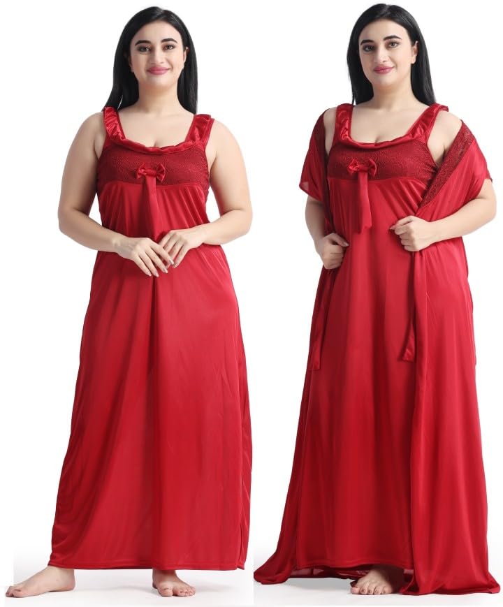 Women Satin blend Maxi Nighty With Robe (Maroon), Free Size-image-11