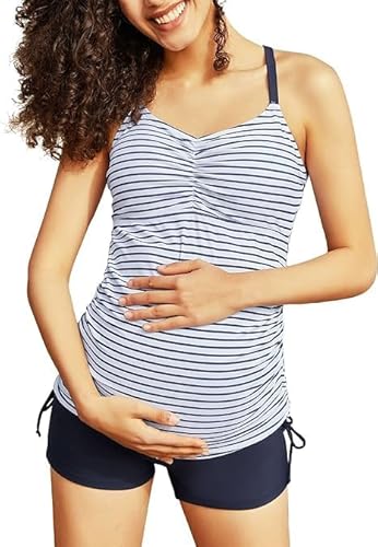 Umstandsbadeanzug Tankini Fashion Ultra Soft Smooth Fabric Badeanzug für Mutterschaft White Stripe S