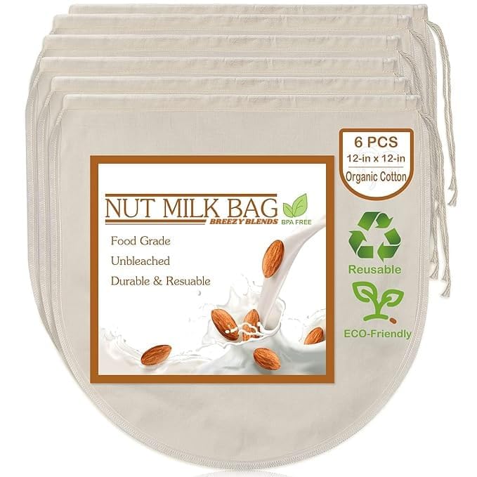 Breezy Blends 6 Pack 12"x12" Nut Milk Bags - 100% Unbleached Organic Cotton Cheesecloth, Reusable Food Strainer Colander for Straining Almond/Oat Milk, Cold Brew Coffee, Yogurt and Cheese Making (B0CT3TGD4L) Amazon Price History, Amazon Price Tracker