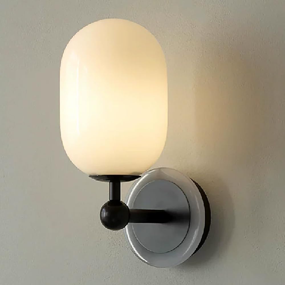 JYBNBBE Wall Sconces Mid Century with Milk Glass Shade Brass Anti-Rust Wall Lamp Bathroom Oval Glass Lighting Fixture for Living Room Bedroom Hallway Kitchen,Black