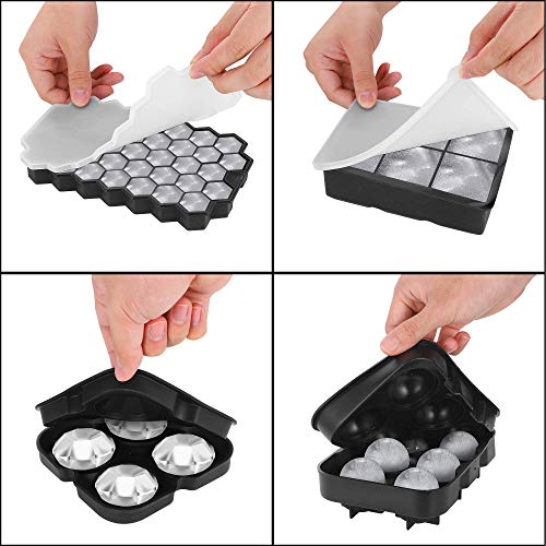 Ice Cube Molds Easy-Release Silicone and Flexible trays, 4 pack include Sphere Ice ball Maker,Large Square Ice Cube, Diamond Ice Make, and 37-ice Trays with Lid, BPA Free (4, Black)
