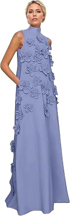 RYANTH Satin Mother of The Bride Dresses for Wedding 3D Flower Formal Gows Long A Line Wedding Guest Dress with Pockets