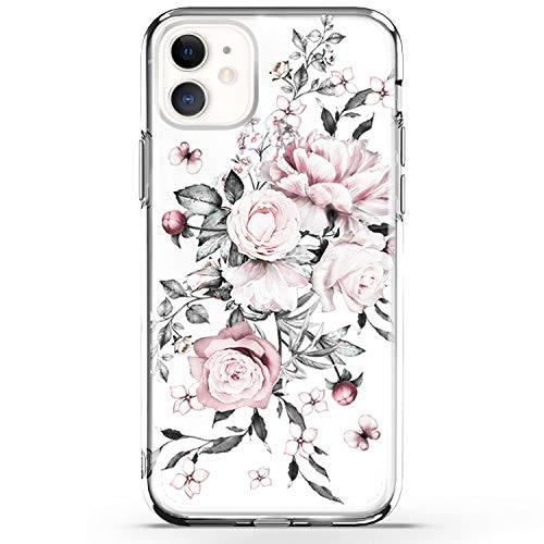 RXKEJI Coque pour iPhone 11 - Transparente - Motif floral mignon - TPU souple et fin - En silicone - Pour iPhone 11 6,1" 2019 - Feuille grise, rose et rose Cover