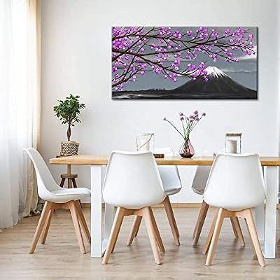 LoveHouse Purple Tree Wall Art Painting Blossom Cherry Flower with Mt Fuji Japan Landscape Picture Art Prints for Bedroom Living Room Office Room Decor Stretched Framed Ready to Hang 24x48 inches