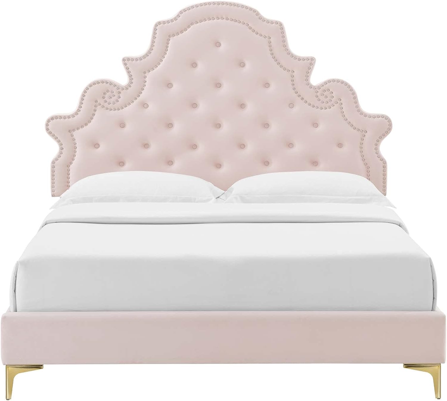 Modway Gwyneth Tufted Performance Velvet Full Platform Bed in Pink with Gold Metal Legs