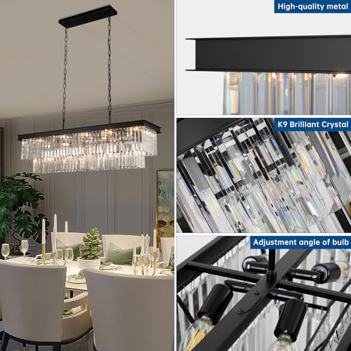 Weesalife Crystal Chandeliers for Dining Room Light Fixtures Over Table，15-Lights Black Modern Rectangle Chandeliers for Kitchen Island Bar L40 Inch by Weesalife - Image 6