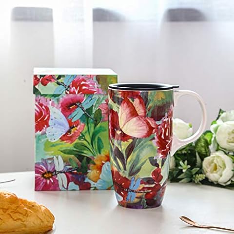 DUSVALLY Ceramic Mug Tall Coffee Cup with Lid, Handle and Gift Box Latte Mug,17oz Mug,Butterfly and Dragonfly Cover