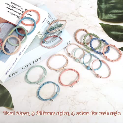 Juome 20Pcs Bracelet Hair Ties, 5 Styles Boho Hair Ties For Women/Girls Ponytail Holders, No Damage Rubber Band Hair Elastics For Thick Hair (4 Colors) #TOP6