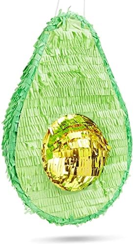 Avocado Pinata for Cinco De Mayo Party Decorations, Birthday Party Supplies, with Easy-To-Cut Fill Label, Top Loop, Green and Gold Foil Fringes (Small, 15x10.5 in)