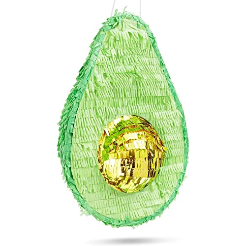 Avocado Pinata For Cinco De Mayo Party Decorations, Birthday Party Supplies, With Easy-To-Cut Fill Label, Top Loop, Green And Gold Foil Fringes (Small, 15X10.5 In) #TOP5