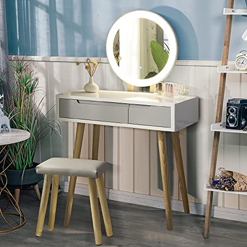 YOURLITE Vanity Table Set with 3 Modes Adjustable Brightness Mirror and Cushioned Stool, Dressing Table Vanity Makeup Table with Free Make-up Organizer