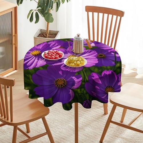 Nappe ronde polyester lavable en machine imprimé floral violet 177cm