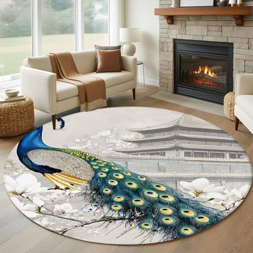 Round Rug 5Ft, Peacock Elegant Living Room Circle Rug Washable
