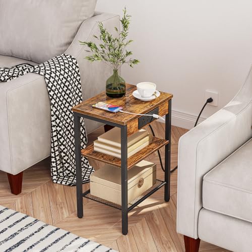 HOOBRO End Table with Charging Station and USB Ports, 3-Tier Nightstand with Adjustable Shelf, Narrow Side Table for Small Space in Living Room, Bedroom and Balcony, Rustic Brown BF112BZ01 by HOOBRO - Image 5
