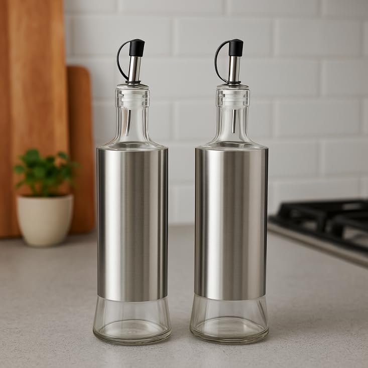 Conjunto Galheteiros Azeite e Vingare Vidro e Inox 500ml Vista Home
