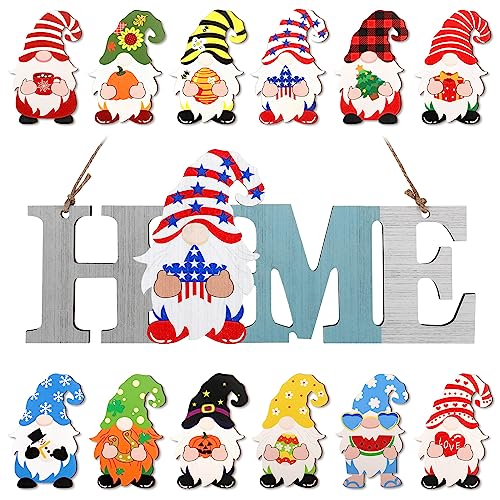 4th of July Interchangeable Wooden Gnome Decor Summer Patriotic Gnome Decorations Holiday Seasonal Changeable Welcome Sign with 12 Pcs Changeable Gnomes for Home Decorations Party(Blue)
