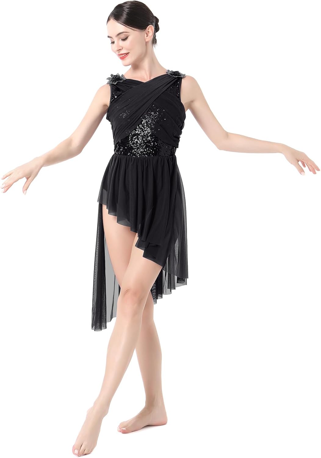 ODASDO Women Elegant Lyrical Dance Dress Lace Cap Sleeve Asymmetrical Tulle Skirt Leotard Contemporary Costume XS-XL