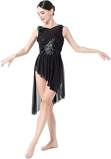 Women Elegant Lyrical Dance Dress Lace Cap Sleeve Asymmetrical Tulle Skirt Leotard Contemporary Costume XS-XL
