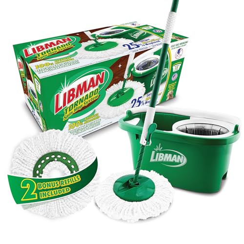 Libman Tornado - Sistema de fregona giratoria más 2 Cabezales de Repuesto | Mopa y Cubo con Juego de escurridor | Mopa giratoria | Mopa Libman | Mopa para Limpieza de Suelos | Mopa de Piso de Madera