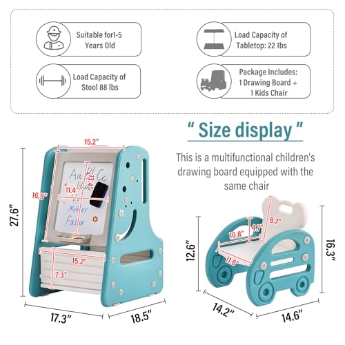 Tiita Kids Table and Chair Set 3 in 1 Convertible Art Easel Display Bookshelf wMagnetic Painting Board Bottom Storage Shelf Children Activity Table Set for Drawing Reading Blue