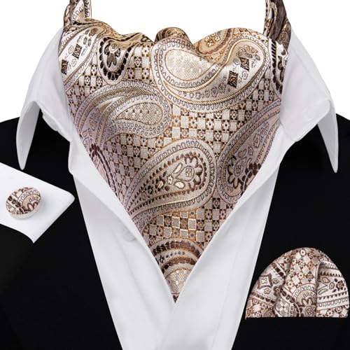 Image of Barry.Wang Ascot Ties Cravat Tie Men Paisley Plaid Scarf Self Tie Pocket Square Cufflinks Set Wedding Party